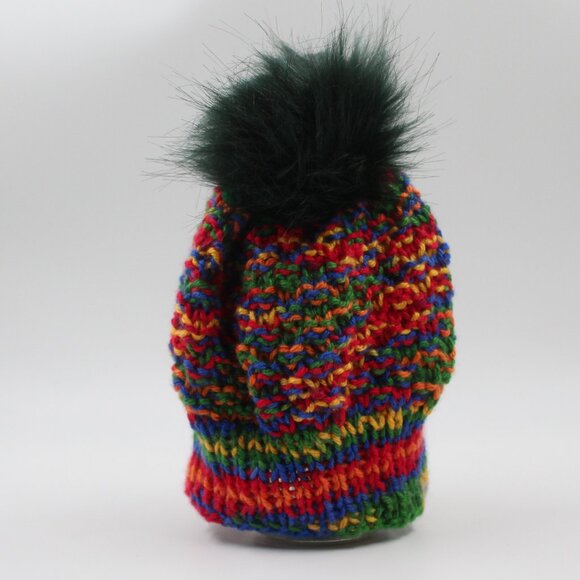 Handmade Hand Knit Multicolour Double Moss Stitch Knit Beanie with Green Pom Pom - Picture 4 of 4